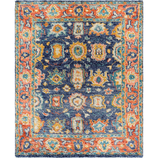 Marrakech MRK-2303 Rug by Surya in burnt orange, dusty coral, rust, dark blue, mustard, denim. Made from 100% wool in a unique style.