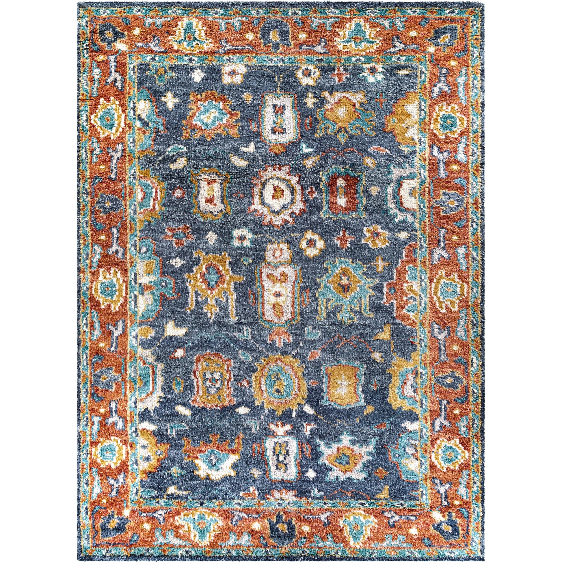 Marrakech MRK-2303 Rug by Surya in burnt orange, dusty coral, rust, dark blue, mustard, denim. Made from 100% wool in a unique style.