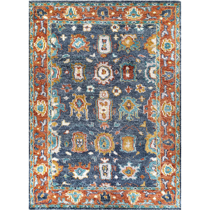 Marrakech MRK-2303 Rug by Surya in burnt orange, dusty coral, rust, dark blue, mustard, denim. Made from 100% wool in a unique style.