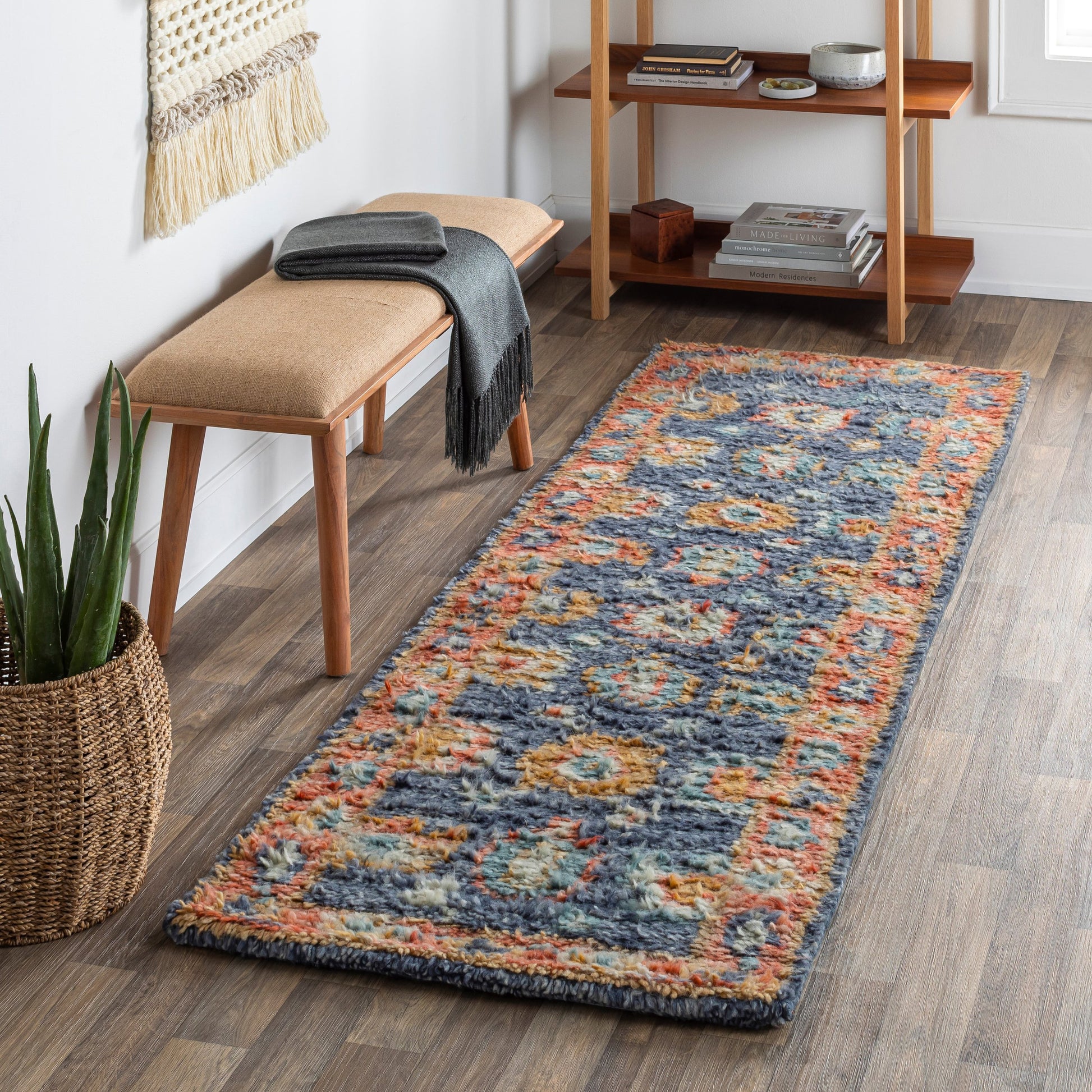 Marrakech MRK-2303 Rug by Surya in burnt orange, dusty coral, rust, dark blue, mustard, denim. Made from 100% wool in a unique style.