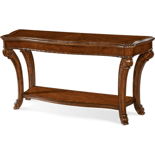 Old World Sofa Table by A.R.T. Furniture in brown and medium cherry. Made from new zealand pine solids, cathedral cherry veneer, exotic avodire veneer in a traditional style.