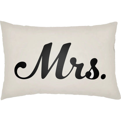 Mr & Mrs Indoor/Outdoor Pillow by Livabliss in ivory, black. Made from front: 100% polyester, back: 100% polyester, fill: polyester, polyfill in a modern style.