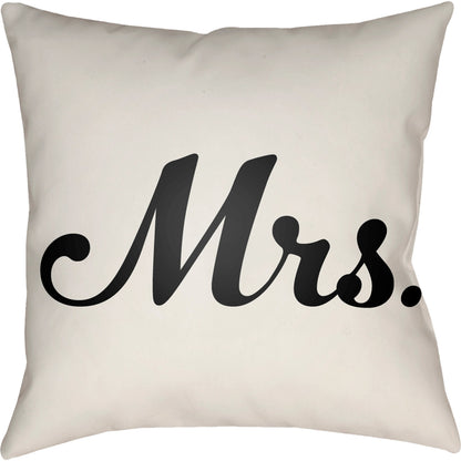Mr & Mrs Indoor/Outdoor Pillow by Livabliss in ivory, black. Made from front: 100% polyester, back: 100% polyester, fill: polyester, polyfill in a modern style.