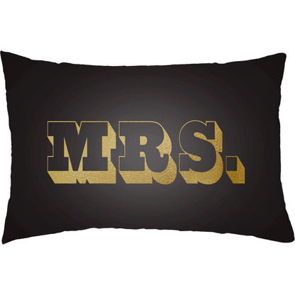 Mr & Mrs Indoor/Outdoor Pillow by Livabliss in black, metallic gold. Made from front: 100% polyester, back: 100% polyester, fill: polyester, polyfill in a modern style.