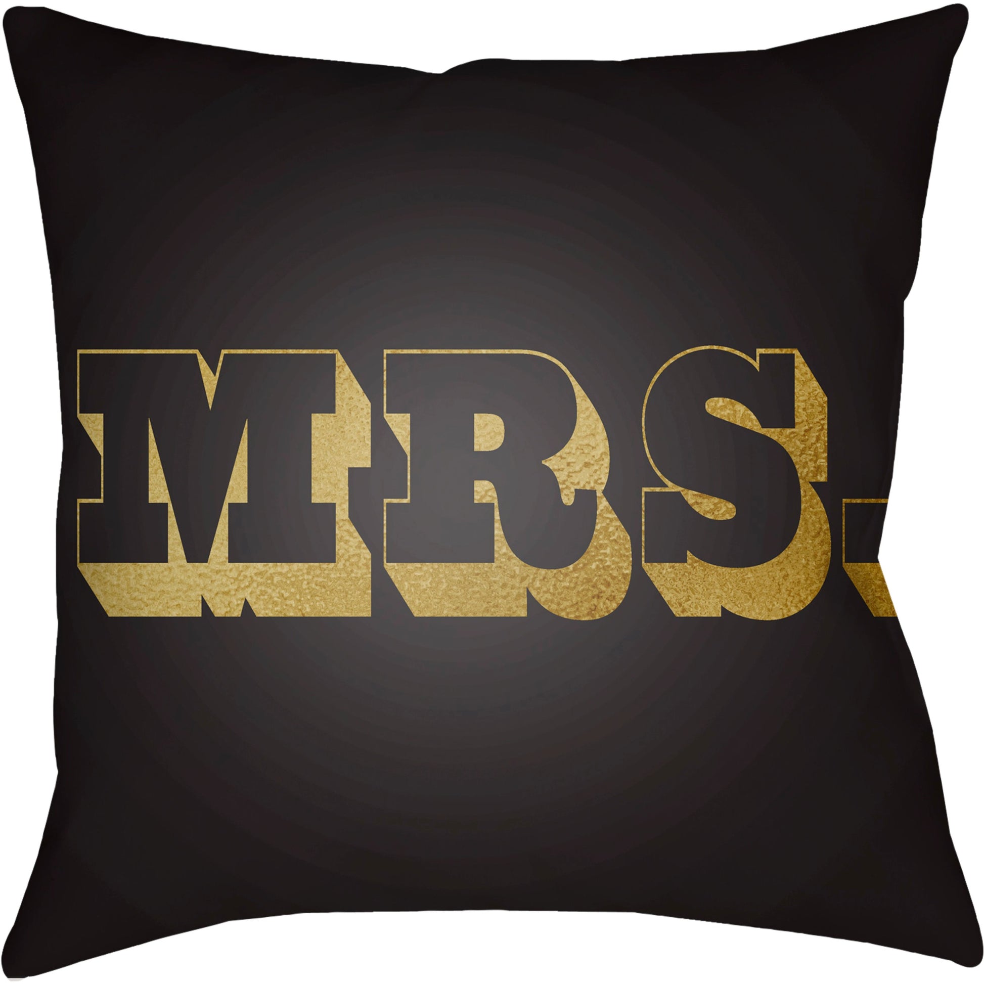 Mr & Mrs Indoor/Outdoor Pillow by Livabliss in black, metallic gold. Made from front: 100% polyester, back: 100% polyester, fill: polyester, polyfill in a modern style.