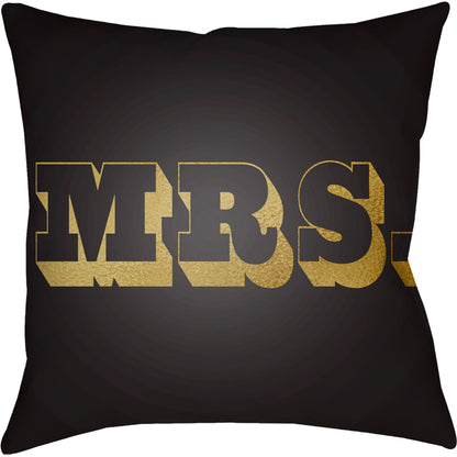 Mr & Mrs Indoor/Outdoor Pillow by Livabliss in black, metallic gold. Made from front: 100% polyester, back: 100% polyester, fill: polyester, polyfill in a modern style.