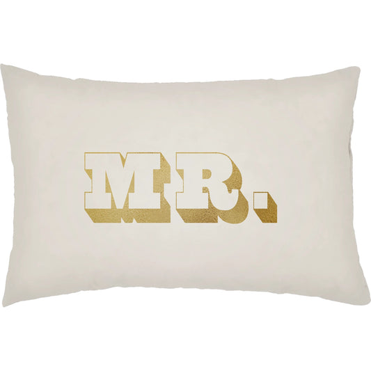 Mr & Mrs Pillow by Livabliss in ivory, metallic gold. Made from front: 100% polyester, back: 100% polyester, fill: polyester, polyfill in a modern style.