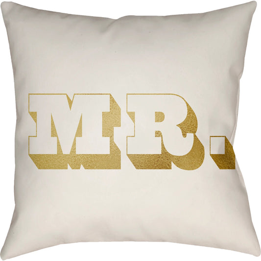 Mr & Mrs Pillow by Livabliss in ivory, metallic gold. Made from front: 100% polyester, back: 100% polyester, fill: polyester, polyfill in a modern style.