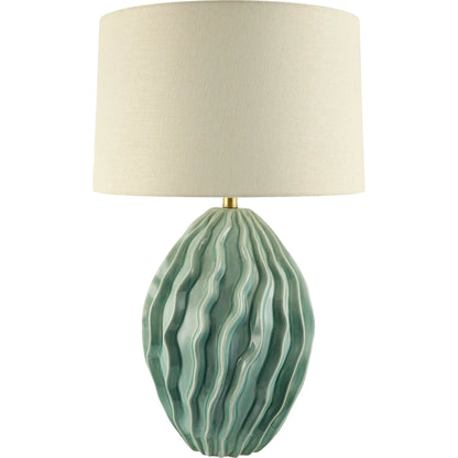Marton Accent Table Lamp by Surya in translucent, cream, metallic gold, white, green. Made from ceramic, linen, polyester, iron in a modern style.