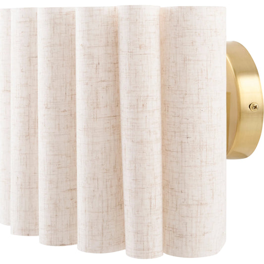 Mirette Wall Sconce by Surya in metallic brass, white, cream and plated. Made from iron, linen, polyester in a unique style.
