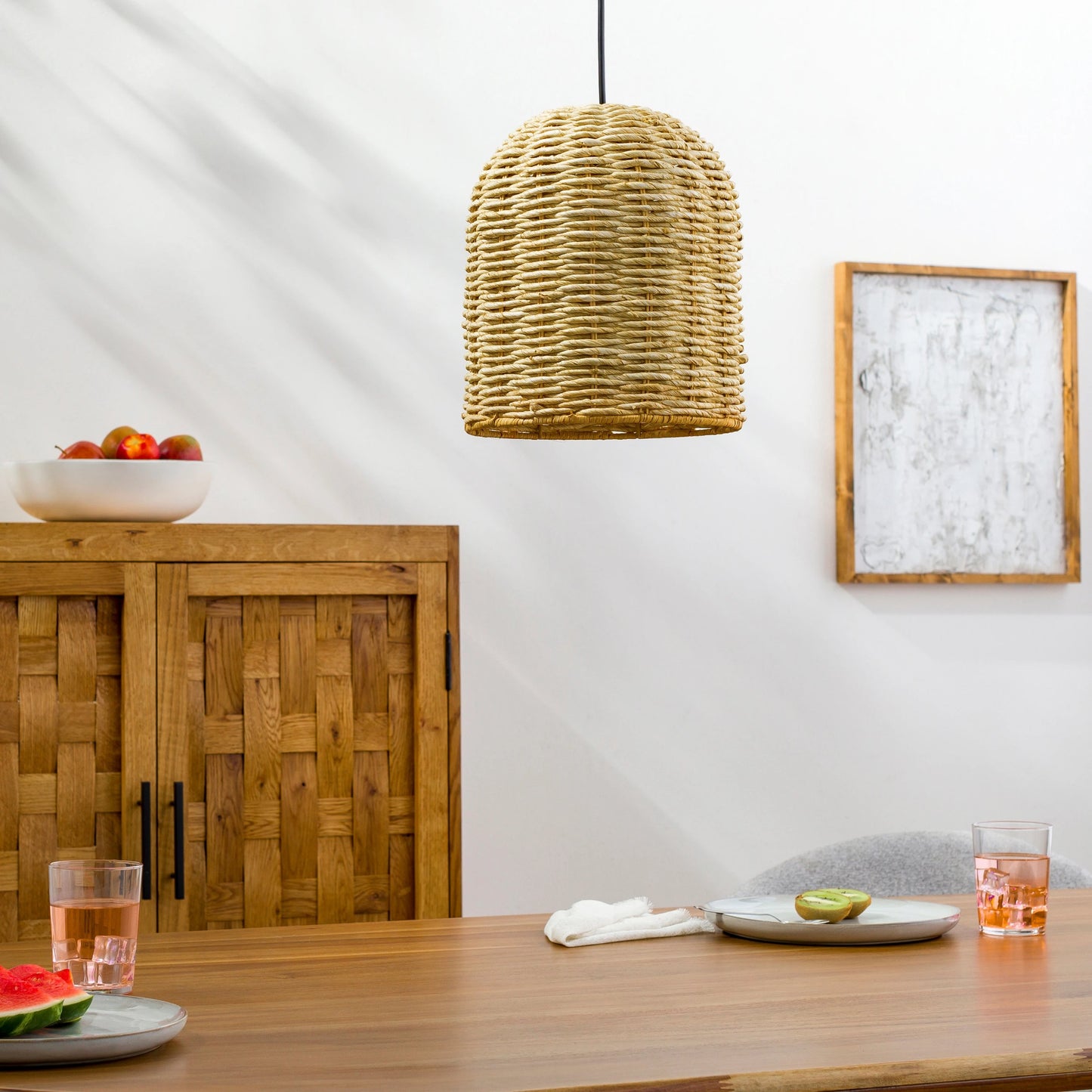 003 SI-1921756 | Lifestyle | Maser Pendant by Livabliss in tan. Made from shade (outside): seagrass, fixture: seagrass, canopy: metal in a cottage & farmhouse style.