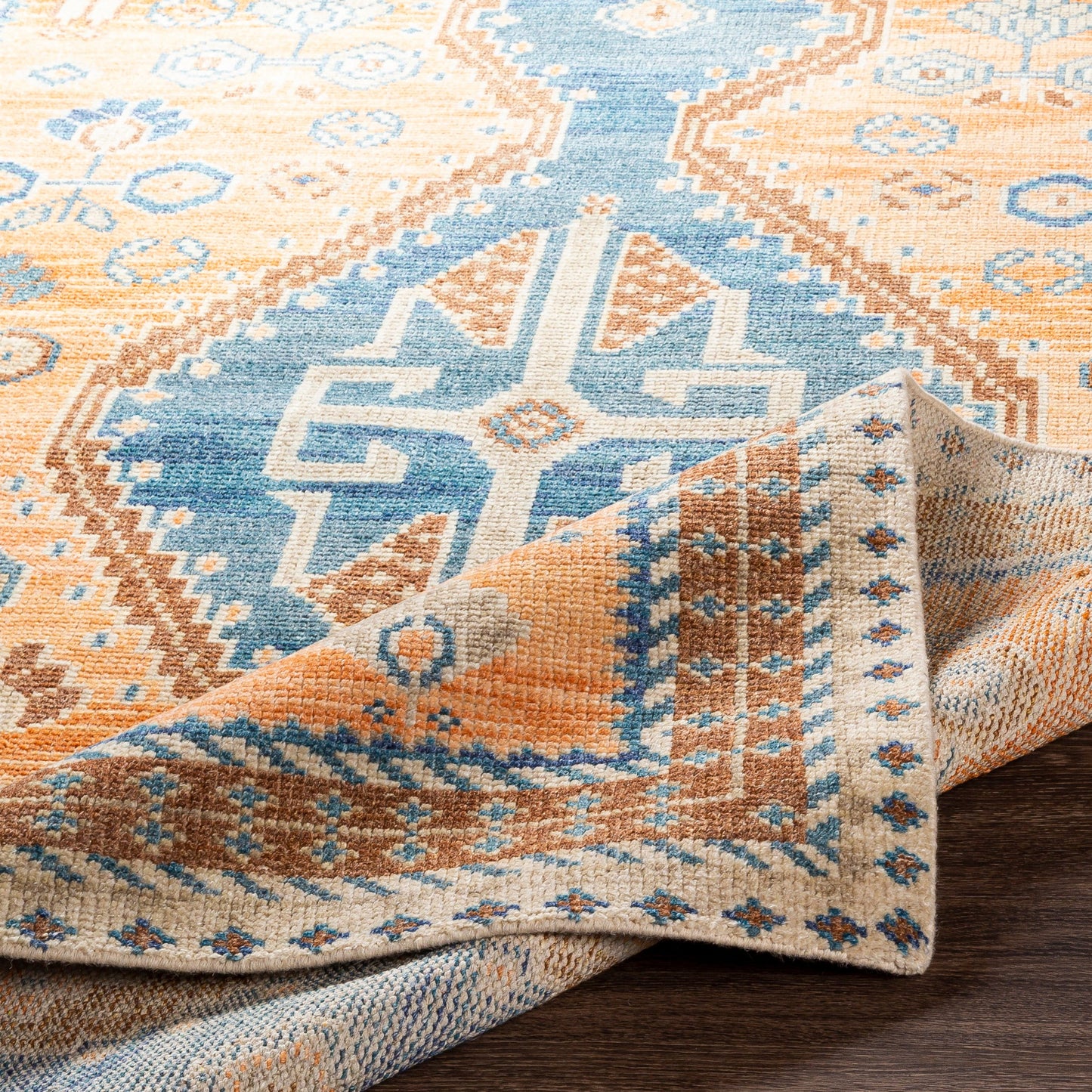 004 SI-1886373,SI-1886374,SI-1886375,SI-1886376 | Closeup | Milas MSL-2302 Rug by Surya in rust, cream, tan, dark brown, dusty pink, dark blue. Made from 70% wool, 30% viscose in a unique style.