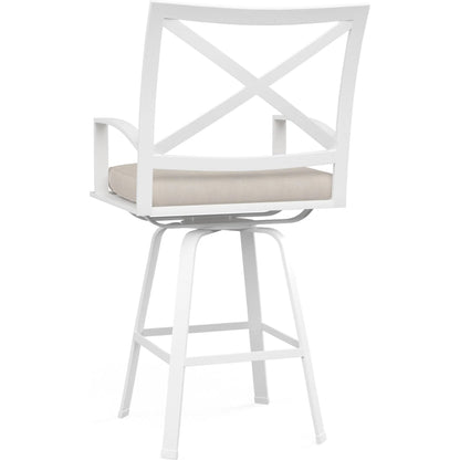 Bristol Outdoor Swivel Barstool in Canvas Flax w/ Self Welt by Sunset West in white. Made from aluminum in a modern style.