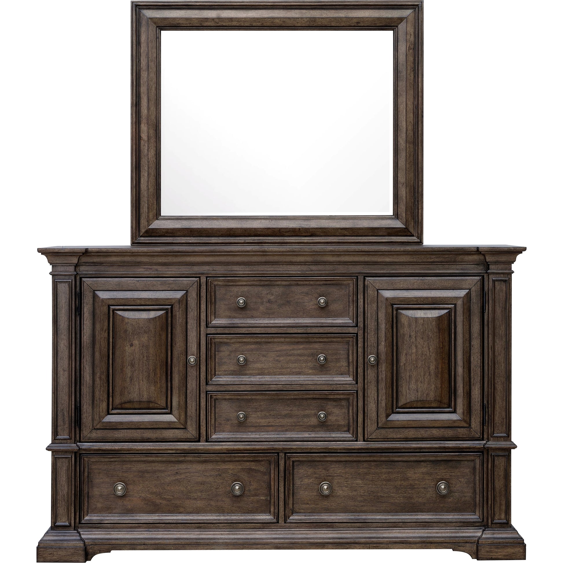 Woodbury Cabinet Dresser & Mirror Set by Pulaski Furniture in cowboy boots brown. Made from rubberwood in a traditional style.