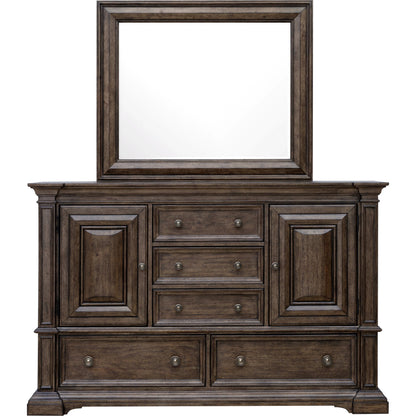 Woodbury Cabinet Dresser & Mirror Set by Pulaski Furniture in cowboy boots brown. Made from rubberwood in a traditional style.