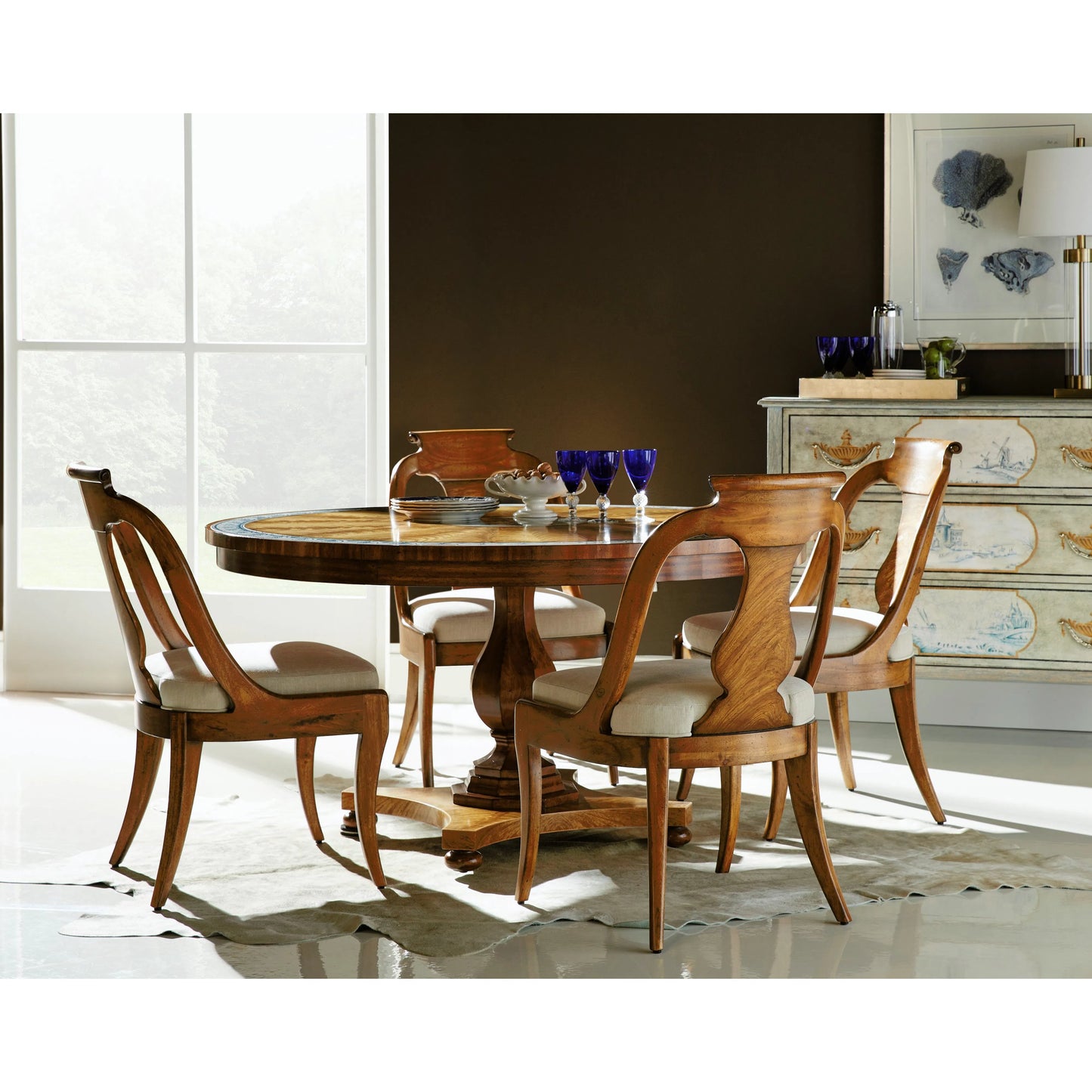 011 SI-2334505 | Lifestyle | Vermeer Dining Chair by Jonathan Charles in brown and natural cerejeira. Made from alder solids, crotch cerejeira veneers, foam, fabric in a traditional style.