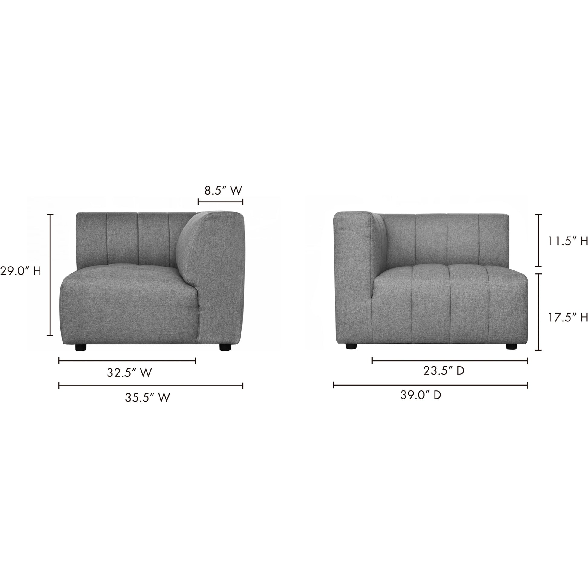 Lyric Arm Chair by Moe's Home Collection in gray. Made from upholstery: 100% polyester, pine, plywood frame, poly-flll cushions, s-spring suspension in a transitional style.