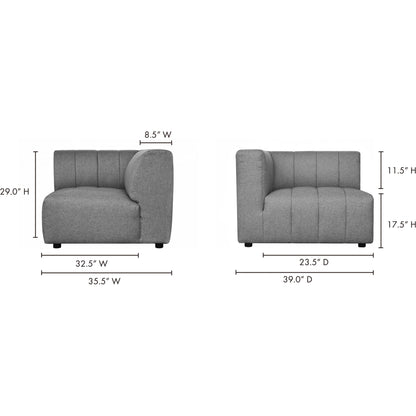 Lyric Arm Chair by Moe's Home Collection in gray. Made from upholstery: 100% polyester, pine, plywood frame, poly-flll cushions, s-spring suspension in a transitional style.