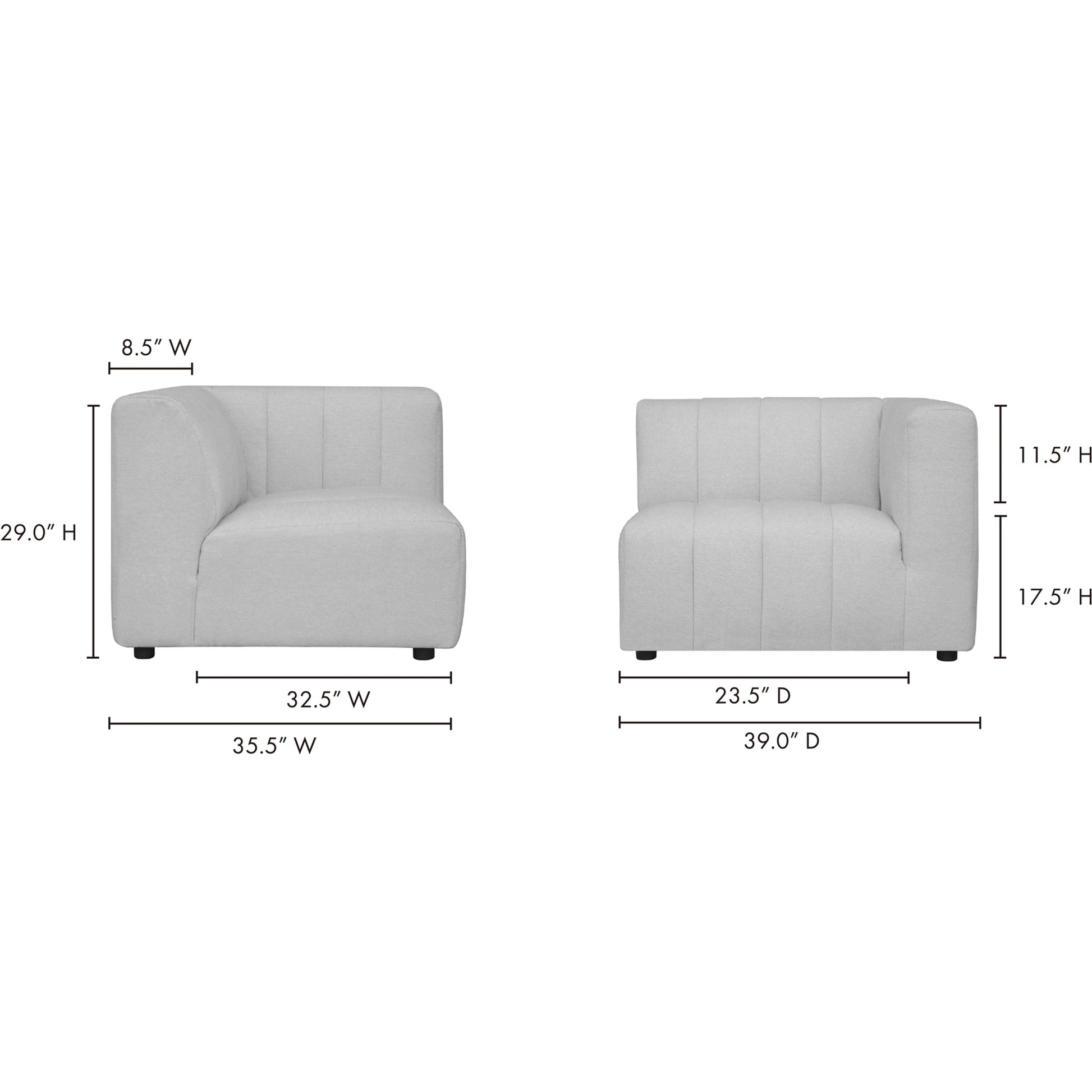 Lyric Arm Chair by Moe's Home Collection in gray. Made from upholstery: 100% polyester, pine, plywood frame, poly-flll cushions, s-spring suspension in a transitional style.