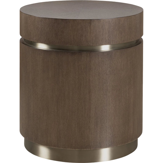 Commerce and Market Roll With It Round End Table by Hooker Furniture in dark wood and dark wood, white oak veneers, champagne colored metal. Made from white oak veneers, stainless steel in a unique style.