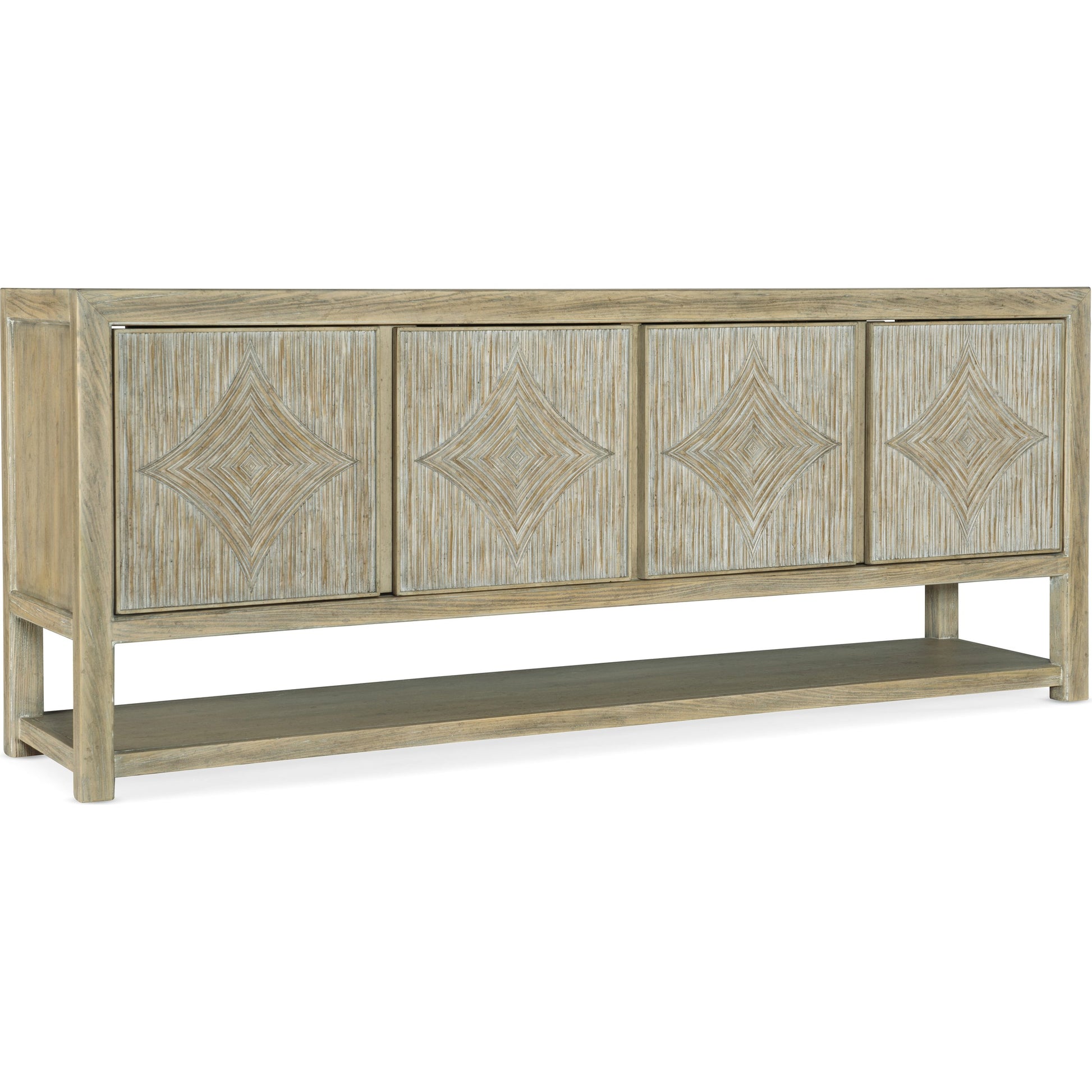 Surfrider Entertainment Console by Hooker Furniture in driftwood. Made from pecan veneers, resin, solid-wood edge top in a coastal style.