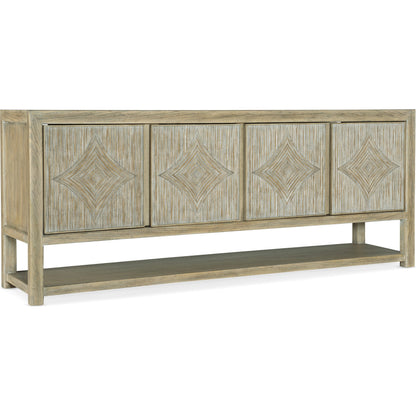 Surfrider Entertainment Console by Hooker Furniture in driftwood. Made from pecan veneers, resin, solid-wood edge top in a coastal style.