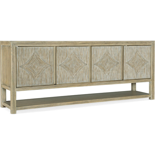 Surfrider Entertainment Console by Hooker Furniture in driftwood. Made from pecan veneers, resin, solid-wood edge top in a coastal style.