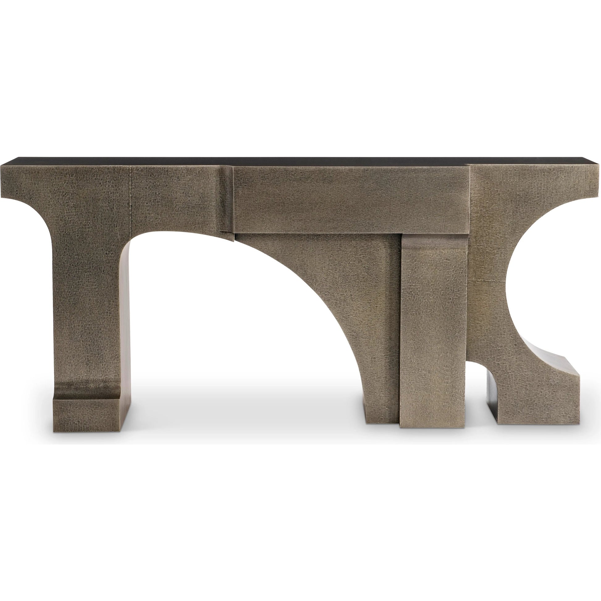 Argos Console Table by Bernhardt in aged brass. Made from metal in a rustic style.