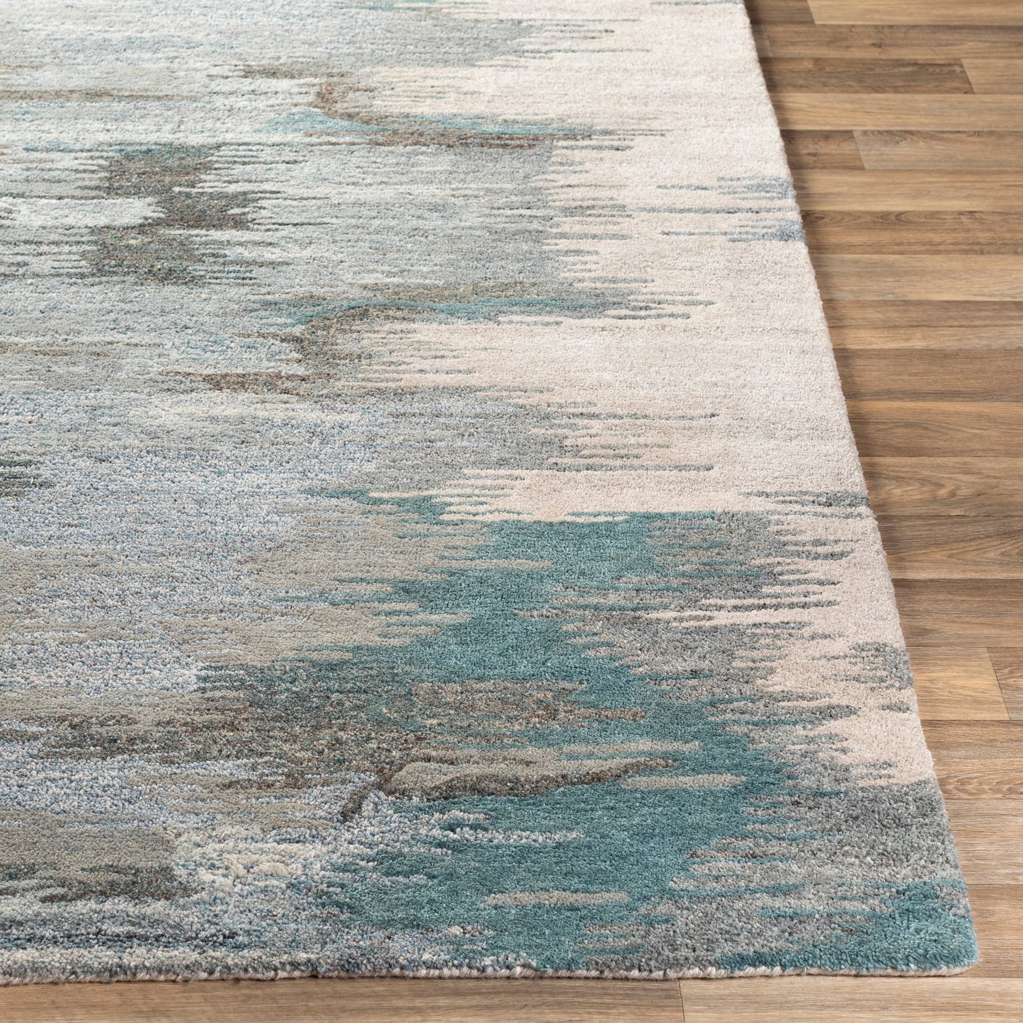 005 SR-756751,SR-756752,SR-756753,SR-756754,SR-756755 | Closeup | Montclair Rug - 24645 by Surya in teal, sage, light beige, charcoal, blue, light gray. Made from 80% wool, 20% viscose in a unique style.