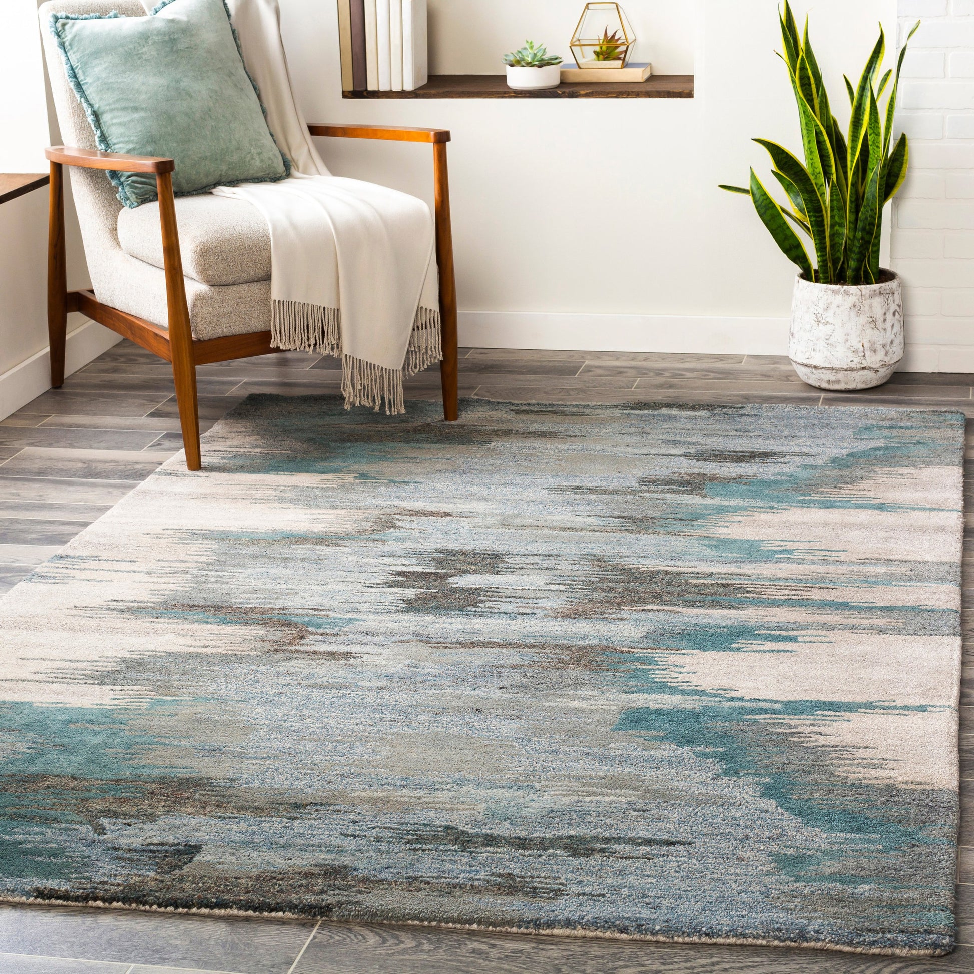 Montclair Rug - 24645 by Surya in teal, sage, light beige, charcoal, blue, light gray. Made from 80% wool, 20% viscose in a unique style.