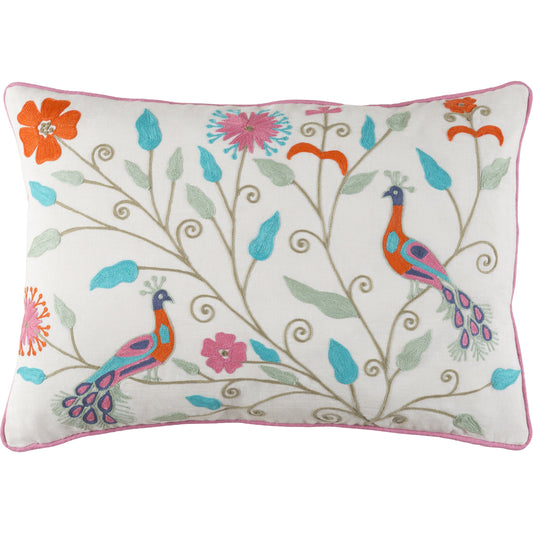 Mayura Pillow - 27948 by Surya in cream, orange, light olive, seafoam, blue, pink. Made from 55% linen, 45% cotton in a modern style.