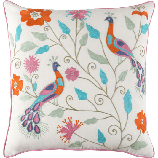 Mayura Pillow - 27948 by Surya in cream, orange, light olive, seafoam, blue, pink. Made from 55% linen, 45% cotton in a modern style.