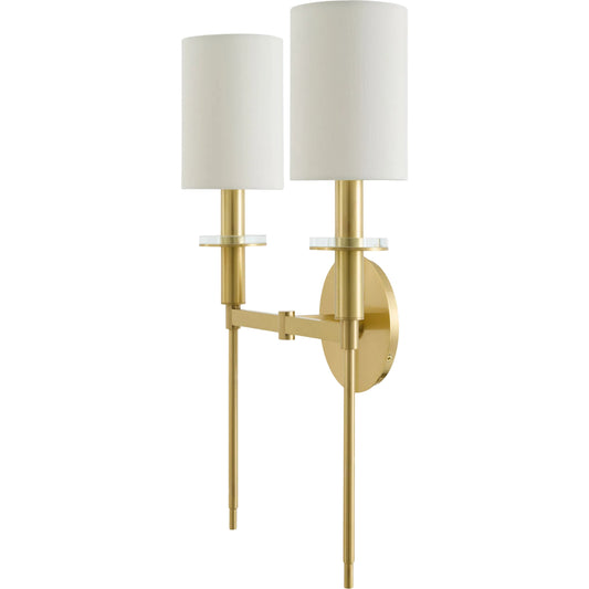 Milunef Wall Sconce by Surya in metallic brass, translucent, white. Made from iron, linen in a transitional style.