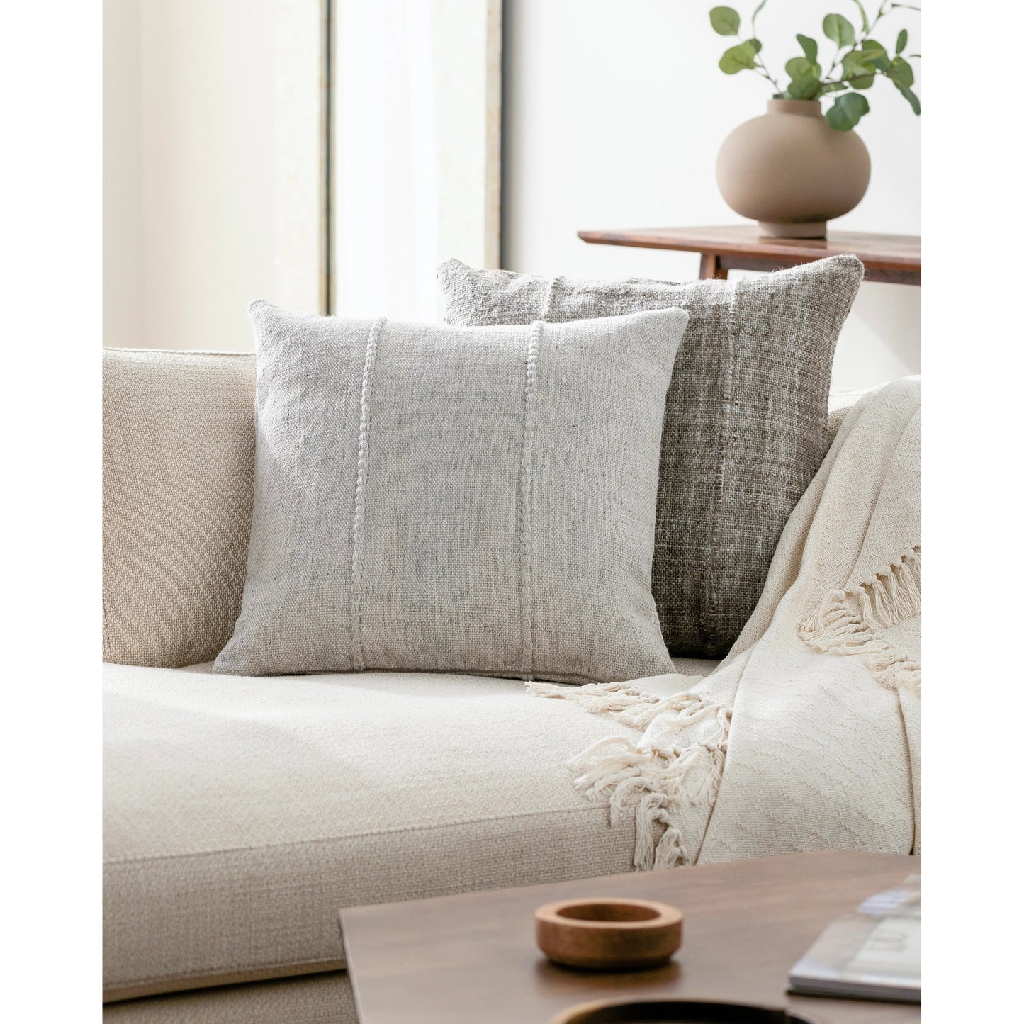 002 SI-2053949,SI-2053950,SI-2053952,SI-2053953,SI-2053955,SI-2053956 | Lifestyle | Mudcloth Indoor/Outdoor Pillow by Surya in ivory, cream, light beige. Made from front: 100% recycled pet yarn, back: 100% recycled pet yarn in a modern style.