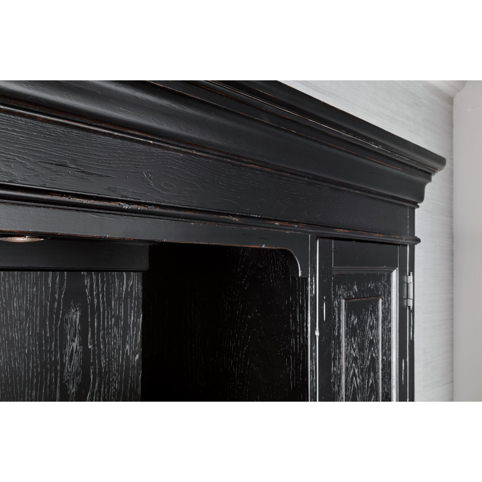 Bristowe Credenza Hutch by Hooker Furniture in tuxedo black. Made from pecan veneers in a unique style.
