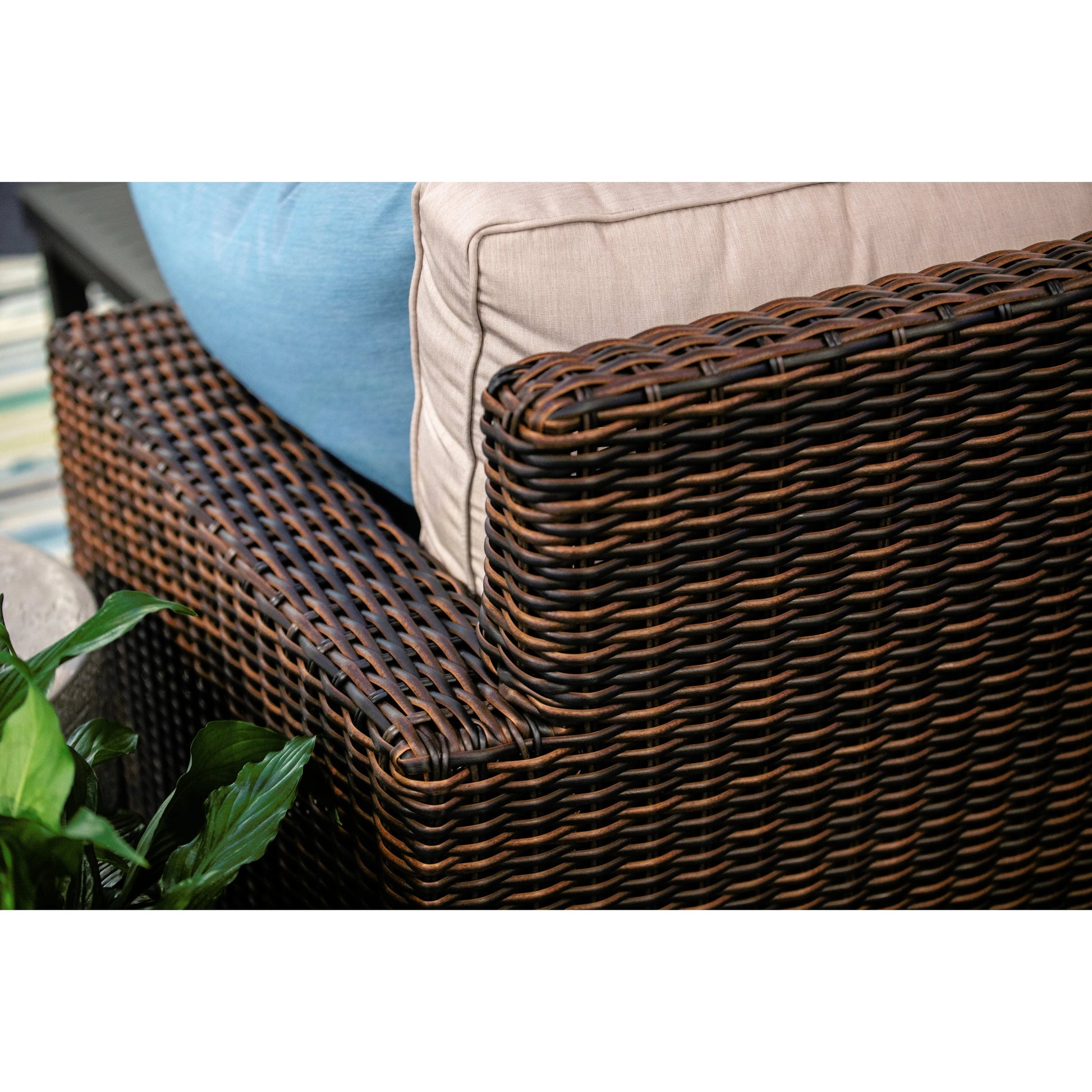 Montecito Outdoor Sectional by Sunset West in cognac. Made from resin wicker in a modern style.