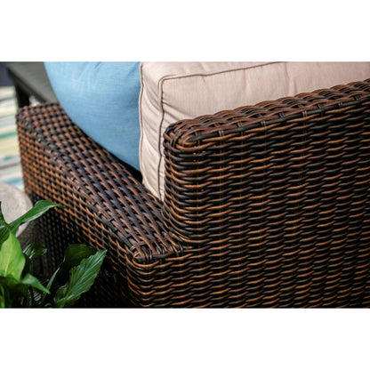 Montecito Outdoor Sectional by Sunset West in cognac. Made from resin wicker in a modern style.