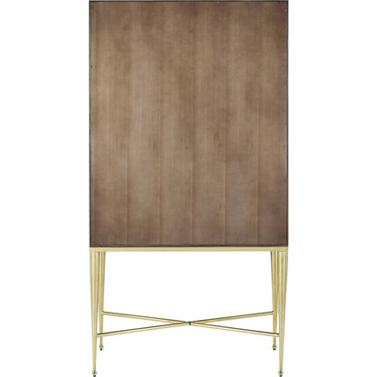 Colette Bar Cabinet by Currey and Company in tawny brown, polished brass, mirror, natural, clear, rose. Made from figured eucalyptus, stainless steel, glass, marble, faux velvet in a modern style.