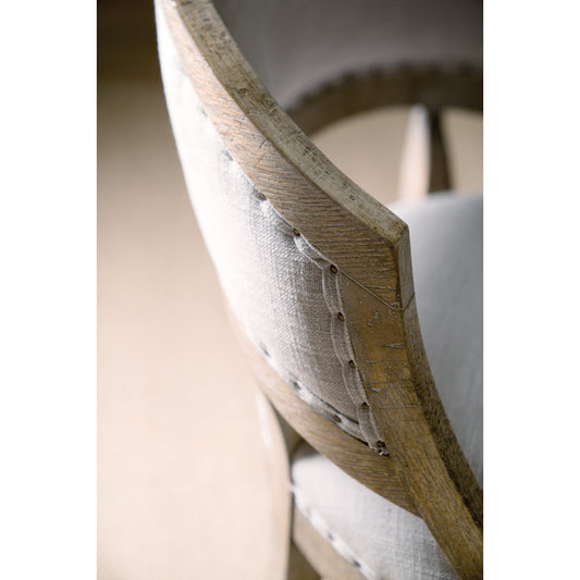 Garnier Bar + Counter Stool by Hooker Furniture in grey and light brown, soft gray. Made from quartered oak veneers, fabric in a traditional style.