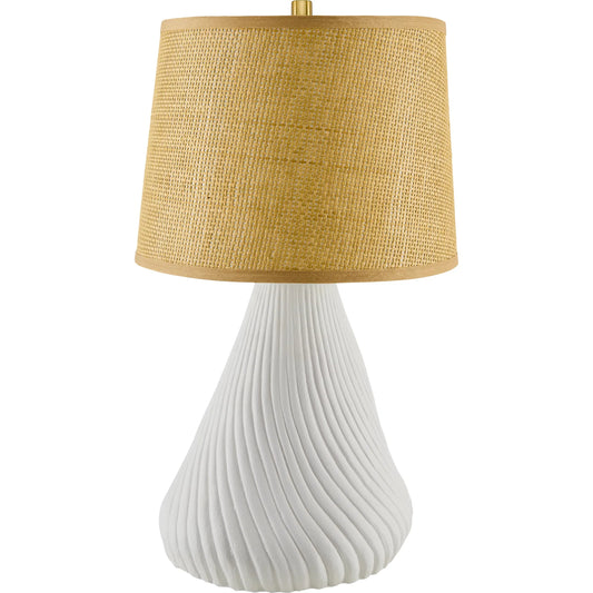 Mervans Accent Table Lamp by Surya in white. Made from ceramic, rattan, polyester, steel in a unique style.