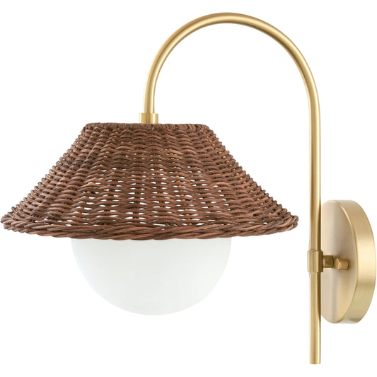Movita Wall Sconce by Surya in brown, metallic brass and lacquered. Made from iron, rattan, glass in a unique style.