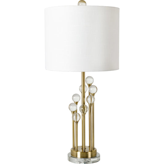 Mcvey - 29876 by Surya in body: gold, clear, base: clear, finial: clear, harp: metallic - gold, cord: translucent and translucentantiquedpolishednatural. Made from shade (outside): linen, body: crystal, body: metal, base:
