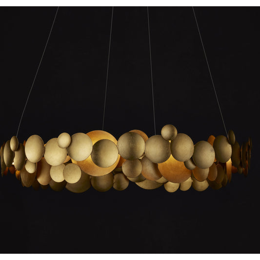 Lavengro Chandelier by Currey and Company in contemporary gold leaf, white. Made from wrought iron, acrylic in a modern style.