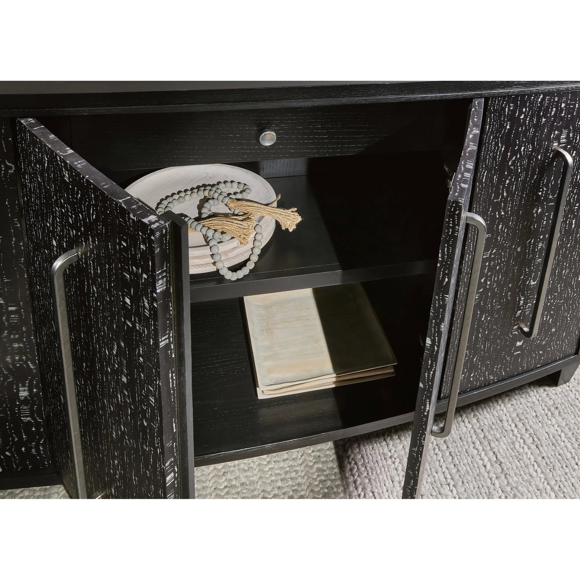 Melange Midnight Credenza by Hooker Furniture in black, black white veneer. Made from oak veneers, engineered veneers, fabric, 100% polyester in a modern style.