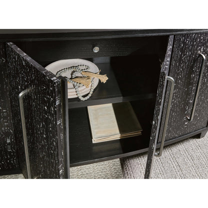 Melange Midnight Credenza by Hooker Furniture in black, black white veneer. Made from oak veneers, engineered veneers, fabric, 100% polyester in a modern style.