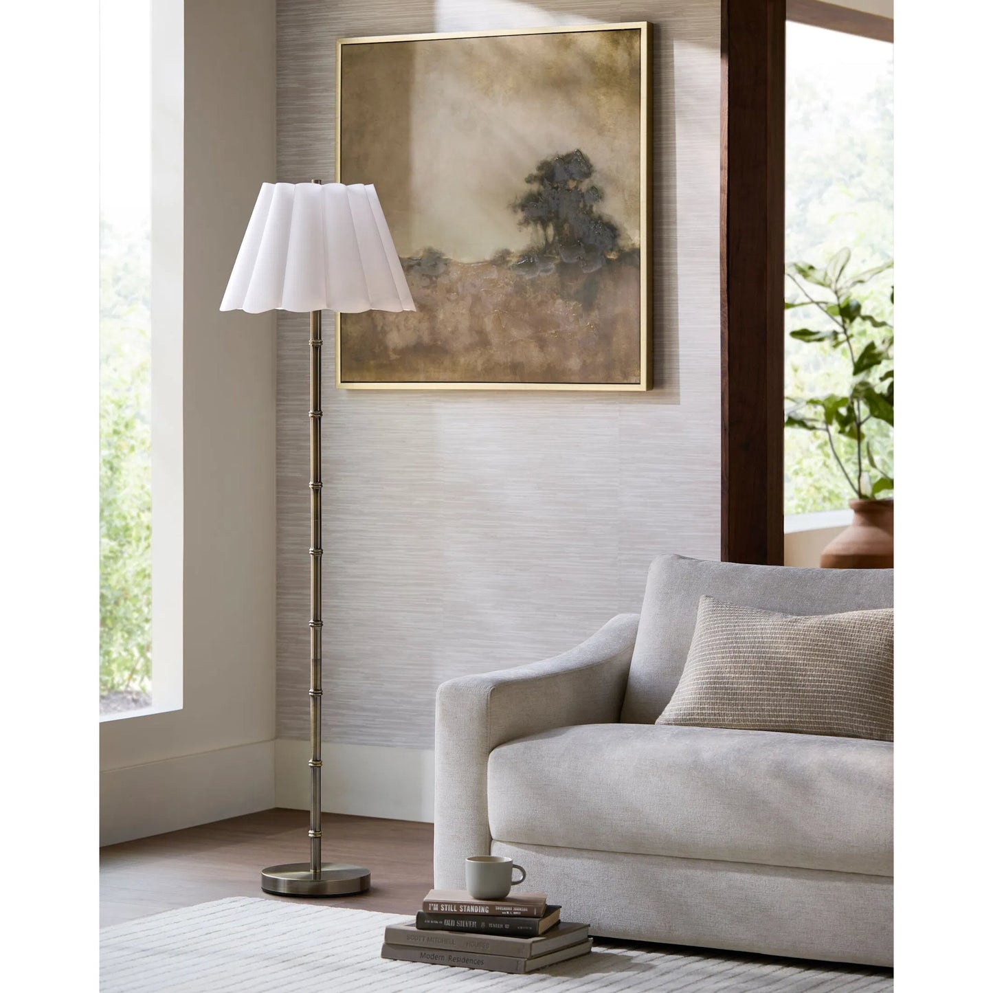 002 SI-2380094 | Lifestyle | Medowie Accent Floor Lamp by Surya in metallic brass, white, translucent. Made from iron, linen, polyester in a modern style.