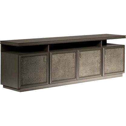 Cove Entertainment Console by A.R.T. Furniture in grey and mica. Made from rubberwood solids, primavera veneers, metal, cork in a traditional style.