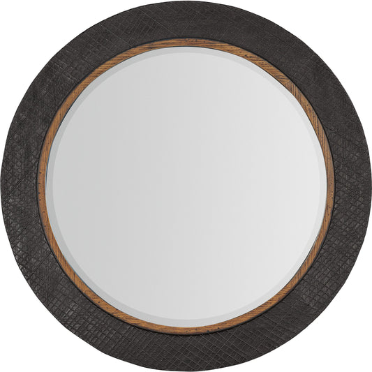 Big Sky Round Accent Mirror by Hooker Furniture in vintage natural, furrowed bark. Made from wood, resin, mirror in a traditional style.