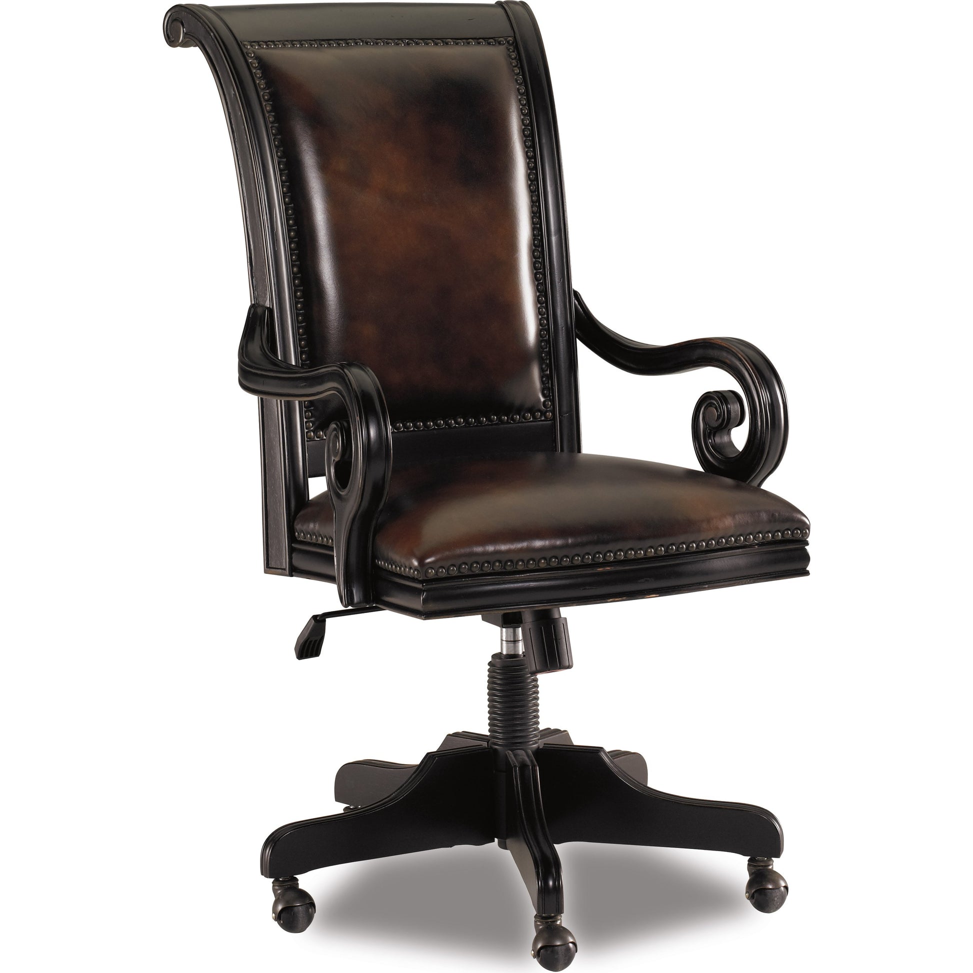 Telluride Tilt Swivel Chair by Hooker Furniture in brown. Made from cherry veneers with carved leather (aniline plus pigment), nailhead trim in a traditional style.
