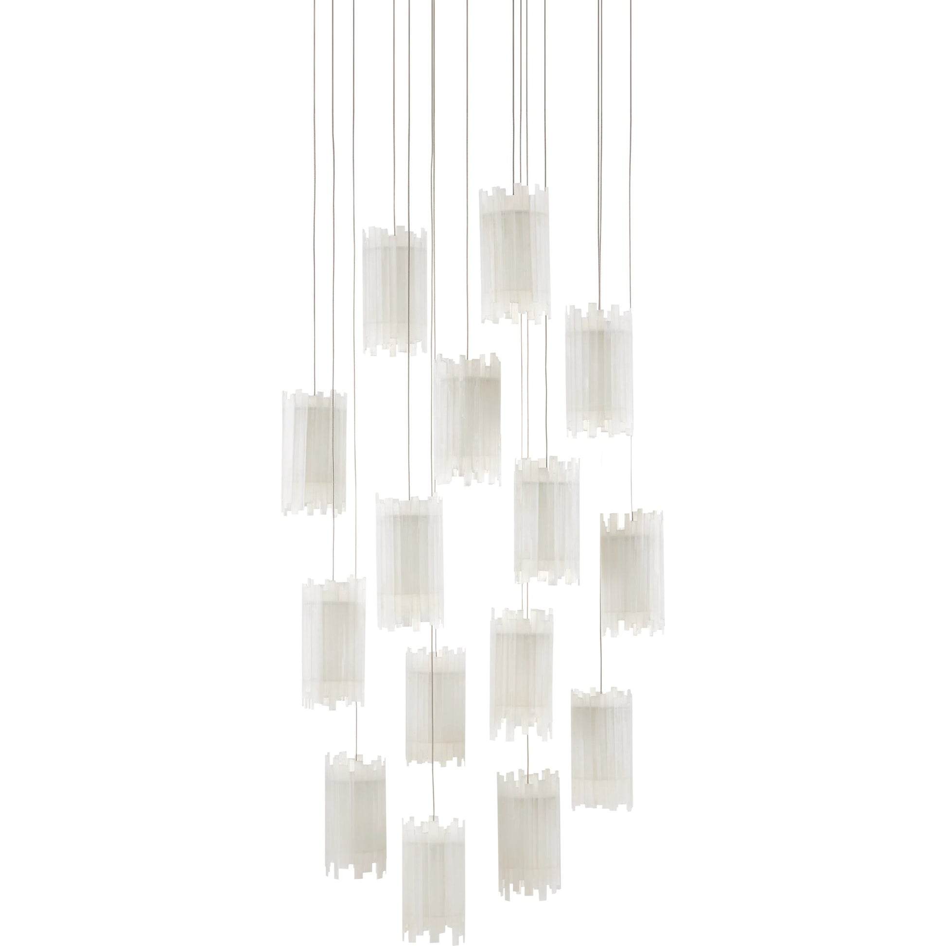 Escenia Round 15-Light Multi-Drop Pendant by Currey and Company in natural selenite, silver. Made from selenite, frosted glass in a transitional style.